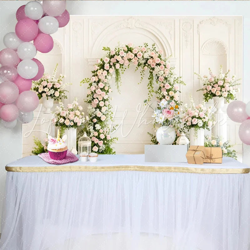 Lofaris Elegant Pink and White Rose Floral Arch Photography Backdrop White Paneled Wall Background for Wedding Photoshoot Studio Portrait