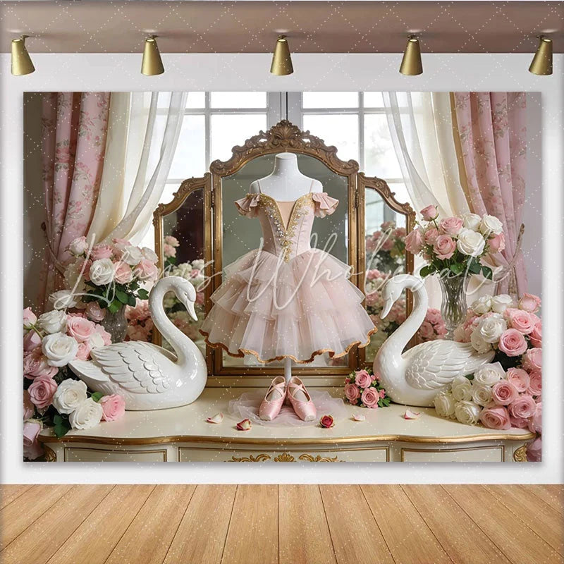 Lofaris Elegant Pink Ballet Photography Backdrop with Swans and Roses Vintage Princess Photo Background for Studio Photoshoot