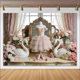 Lofaris Elegant Pink Ballet Photography Backdrop with Swans and Roses Vintage Princess Photo Background for Studio Photoshoot