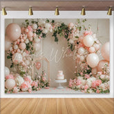 Lofaris Elegant Pink Floral Birthday Backdrop with White Balloons and Arch Beautiful Party Decor for Cake Smash Photoshoot