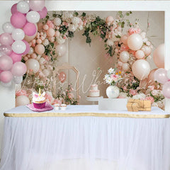 Lofaris Elegant Pink Floral Birthday Backdrop with White Balloons and Arch Beautiful Party Decor for Cake Smash Photoshoot