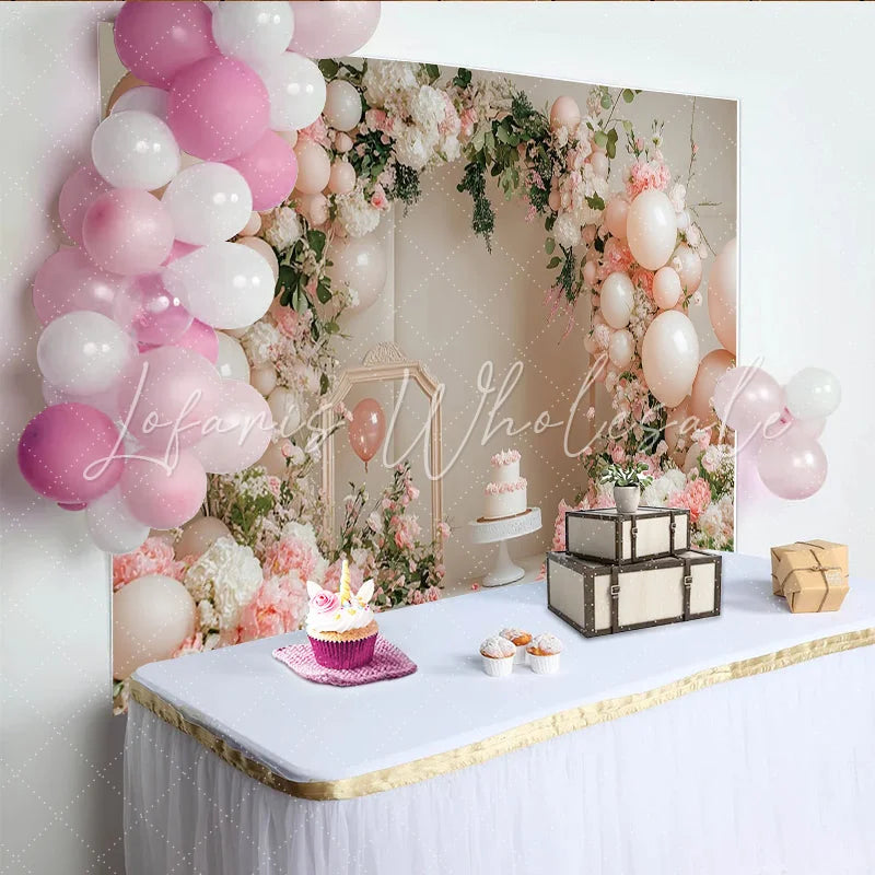 Lofaris Elegant Pink Floral Birthday Backdrop with White Balloons and Arch Beautiful Party Decor for Cake Smash Photoshoot