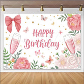 Lofaris Elegant Pink Floral Champagne Birthday Backdrop with Butterflies and Gold Dots Party Decor for Girls Women Celebration