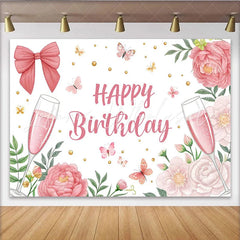 Lofaris Elegant Pink Floral Champagne Birthday Backdrop with Butterflies and Gold Dots Party Decor for Girls Women Celebration