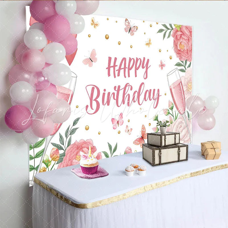 Lofaris Elegant Pink Floral Champagne Birthday Backdrop with Butterflies and Gold Dots Party Decor for Girls Women Celebration