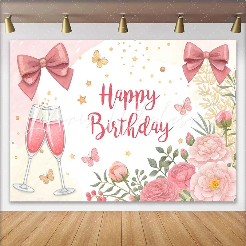 Lofaris Elegant Pink Floral Happy Birthday Backdrop with Champagne and Bows Festive Party Women Girls Photography