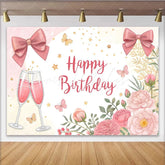 Lofaris Elegant Pink Floral Happy Birthday Backdrop with Champagne and Bows Festive Party Women Girls Photography