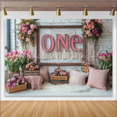 Lofaris Elegant Pink Floral ONE 1st Birthday Backdrop with White Brick Wall and Macrame Party Decor Background for Cake Smash