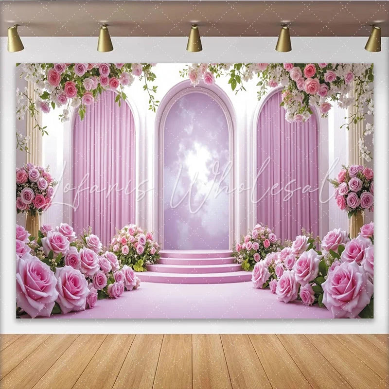 Lofaris Elegant Pink Floral Photography Backdrop with Arches and Lush Roses Dreamy Studio Background for Romantic Portrait and Event Decor