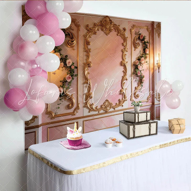 Lofaris Elegant Pink Floral Photography Backdrop with Gold Frames Luxurious Studio Background for Romantic Portrait Photoshoot