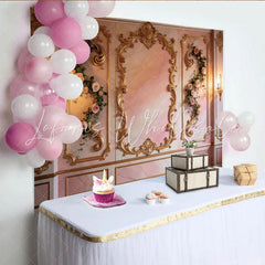 Lofaris Elegant Pink Floral Photography Backdrop with Gold Frames Luxurious Studio Background for Romantic Portrait Photoshoot