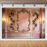 Lofaris Elegant Pink Floral Photography Backdrop with Gold Frames Luxurious Studio Background for Romantic Portrait Photoshoot