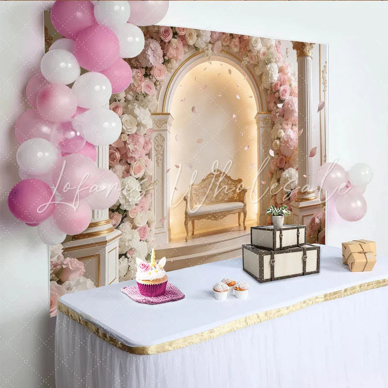 Lofaris Elegant Pink Floral Photography Backdrop with Golden Bench Luxurious Studio Background for Wedding Engagement or Portrait Photoshoot