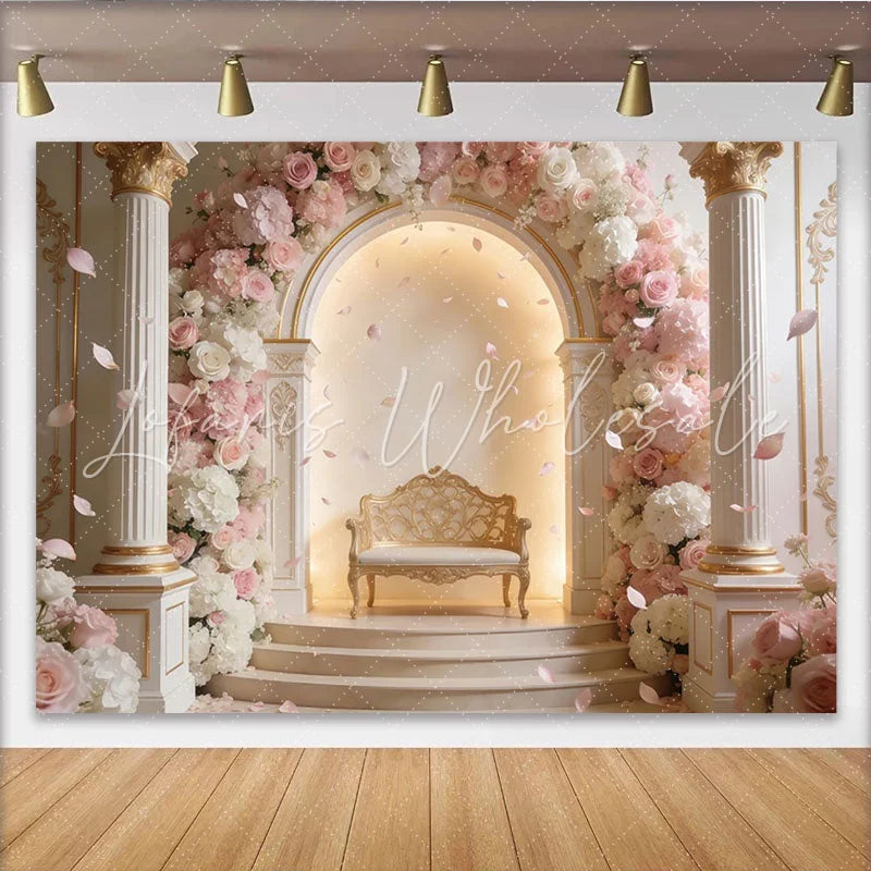 Lofaris Elegant Pink Floral Photography Backdrop with Golden Bench Luxurious Studio Background for Wedding Engagement or Portrait Photoshoot