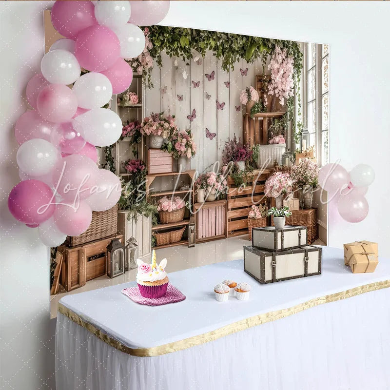 Lofaris Elegant Pink Floral Photography Backdrop with Rustic Wood and Butterflies Studio Background for Spring Photoshoot