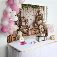Lofaris Elegant Pink Floral Photography Backdrop with Rustic Wood and Butterflies Studio Background for Spring Photoshoot