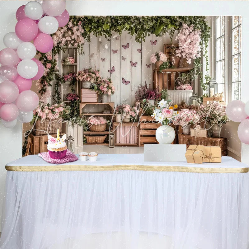 Lofaris Elegant Pink Floral Photography Backdrop with Rustic Wood and Butterflies Studio Background for Spring Photoshoot