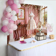 Lofaris Elegant Pink Floral Photography Backdrop with Tiered Dress and Roses Romantic Studio Background for Portrait Photoshoot