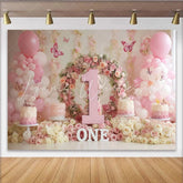 Lofaris Elegant Pink Floral Wreath Number One Party Backdrop with Balloons and Butterflies Baby Girl First Birthday