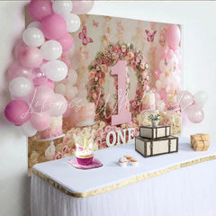 Lofaris Elegant Pink Floral Wreath Number One Party Backdrop with Balloons and Butterflies Baby Girl First Birthday