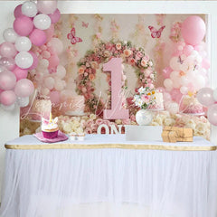 Lofaris Elegant Pink Floral Wreath Number One Party Backdrop with Balloons and Butterflies Baby Girl First Birthday