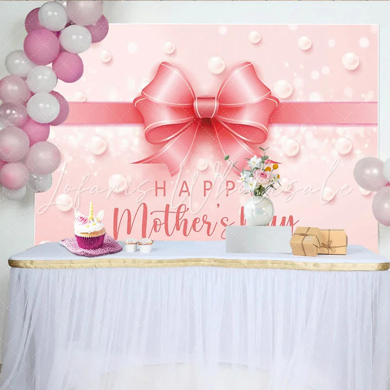 Lofaris Elegant Pink Mothers Day Backdrop with Shimmering Bow and Pearls Celebration Background for Party Decor and Photoshoot