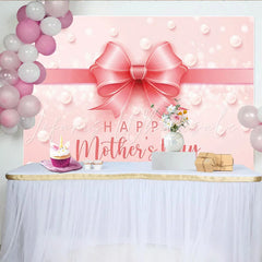 Lofaris Elegant Pink Mothers Day Backdrop with Shimmering Bow and Pearls Celebration Background for Party Decor and Photoshoot