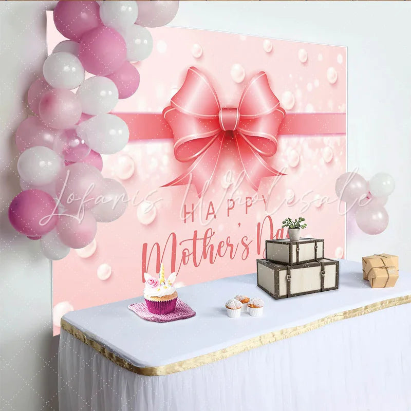 Lofaris Elegant Pink Mothers Day Backdrop with Shimmering Bow and Pearls Celebration Background for Party Decor and Photoshoot