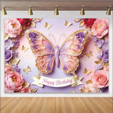 Lofaris Elegant Pink Purple Butterfly Floral Happy Birthday Backdrop Sparkling Pearl Design Party Background for Girls Photoshoot