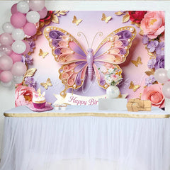 Lofaris Elegant Pink Purple Butterfly Floral Happy Birthday Backdrop Sparkling Pearl Design Party Background for Girls Photoshoot