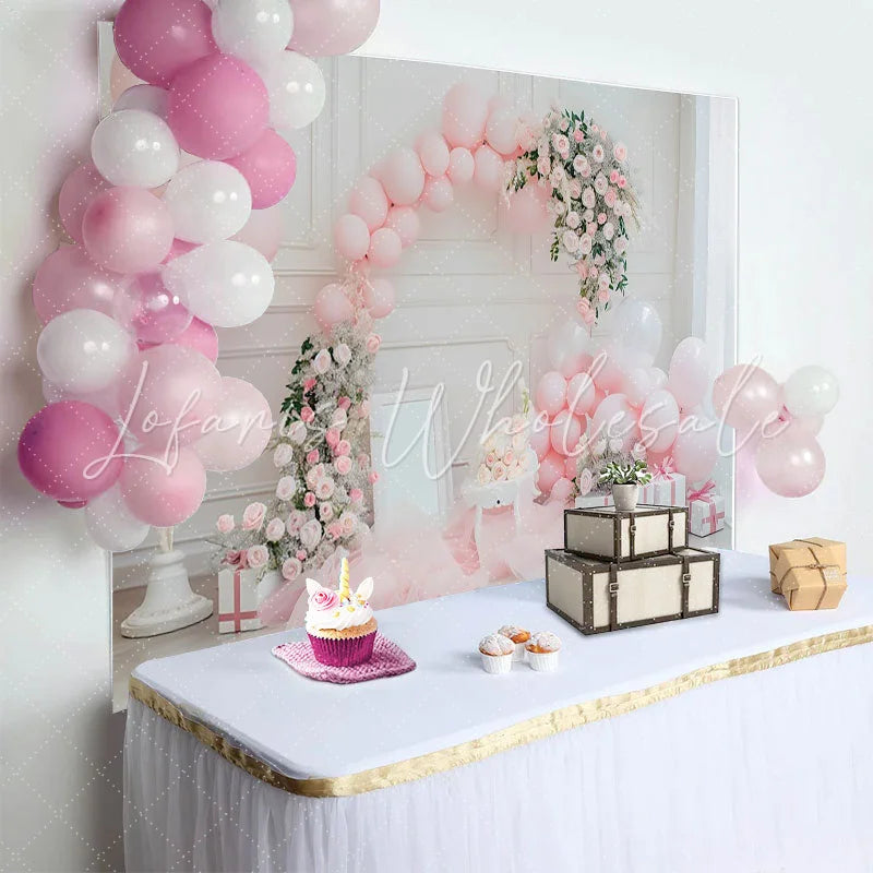 Lofaris Elegant Pink Rose Cake Smash Backdrop Balloon Garland and Gift Box Background Girls Birthday Decor
