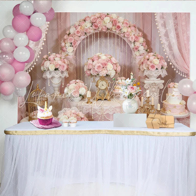 Lofaris Elegant Pink Rose Floral Arch Wedding Backdrop with Pearls and Lace Romantic Party Decoration for Bridal Shower Photoshoot