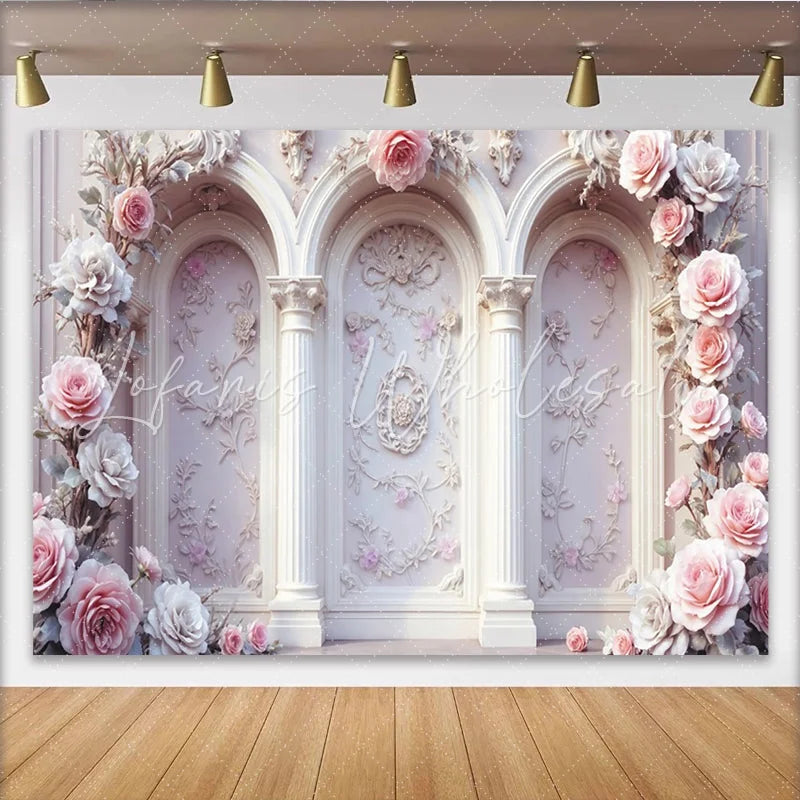 Lofaris Elegant Pink Rose Floral Photography Backdrop with Arches and Columns Vintage Wall Background for Wedding or Studio Photoshoot