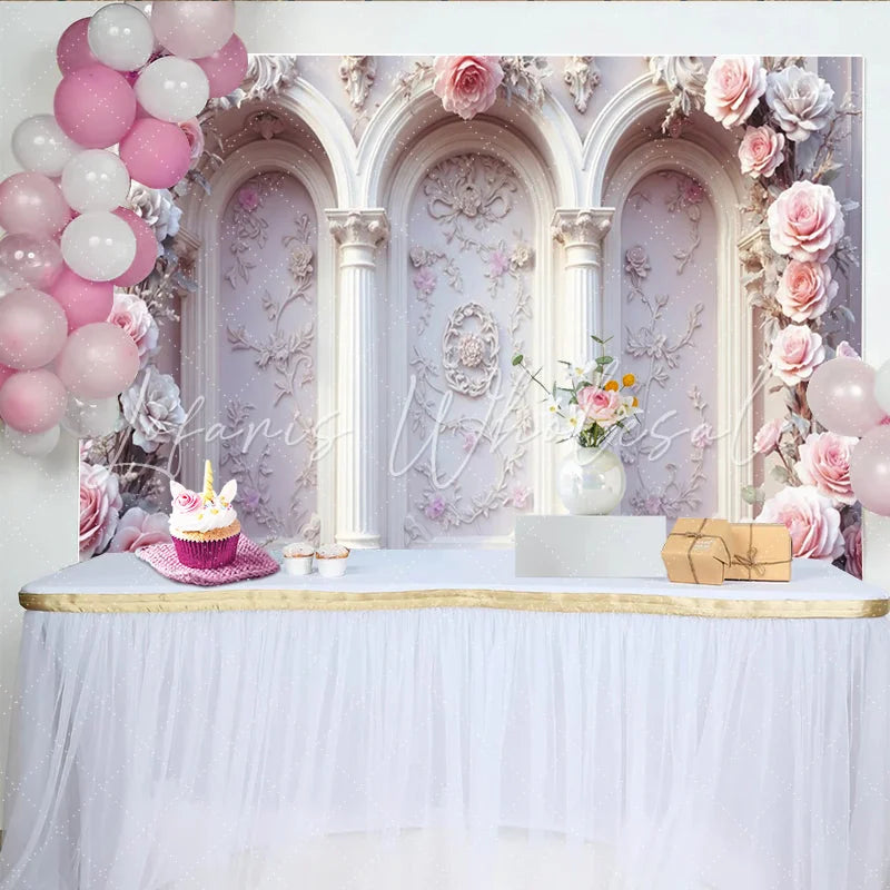 Lofaris Elegant Pink Rose Floral Photography Backdrop with Arches and Columns Vintage Wall Background for Wedding or Studio Photoshoot