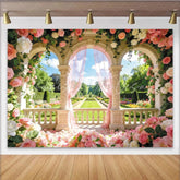 Lofaris Elegant Pink Rose Garden Arch Photography Backdrop with Sheer Curtains and Columns Beautiful Photo Booth Prop for Wedding