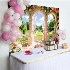 Lofaris Elegant Pink Rose Garden Arch Photography Backdrop with Sheer Curtains and Columns Beautiful Photo Booth Prop for Wedding