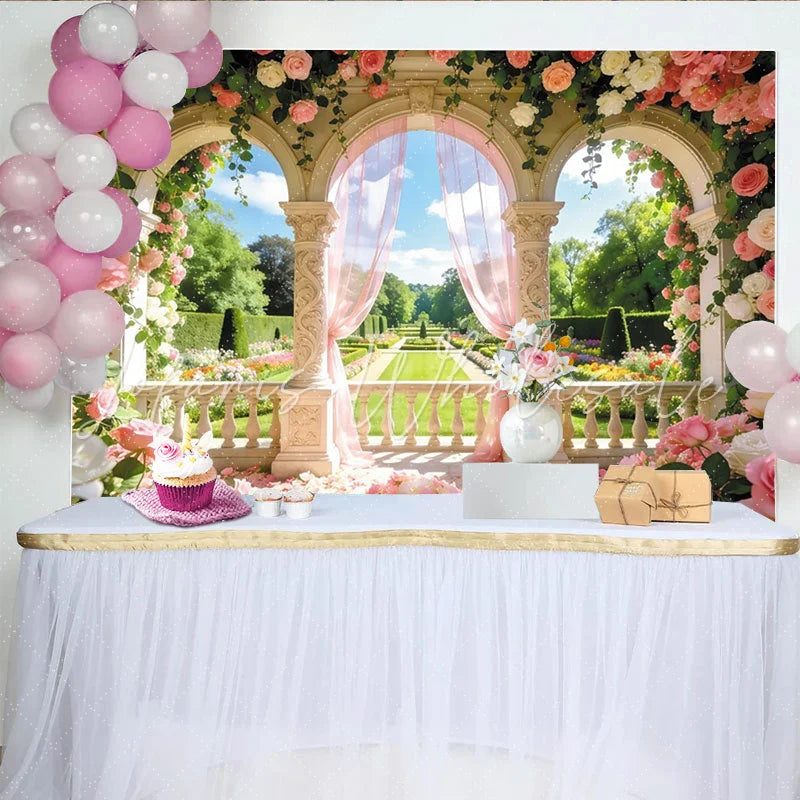 Lofaris Elegant Pink Rose Garden Arch Photography Backdrop with Sheer Curtains and Columns Beautiful Photo Booth Prop for Wedding