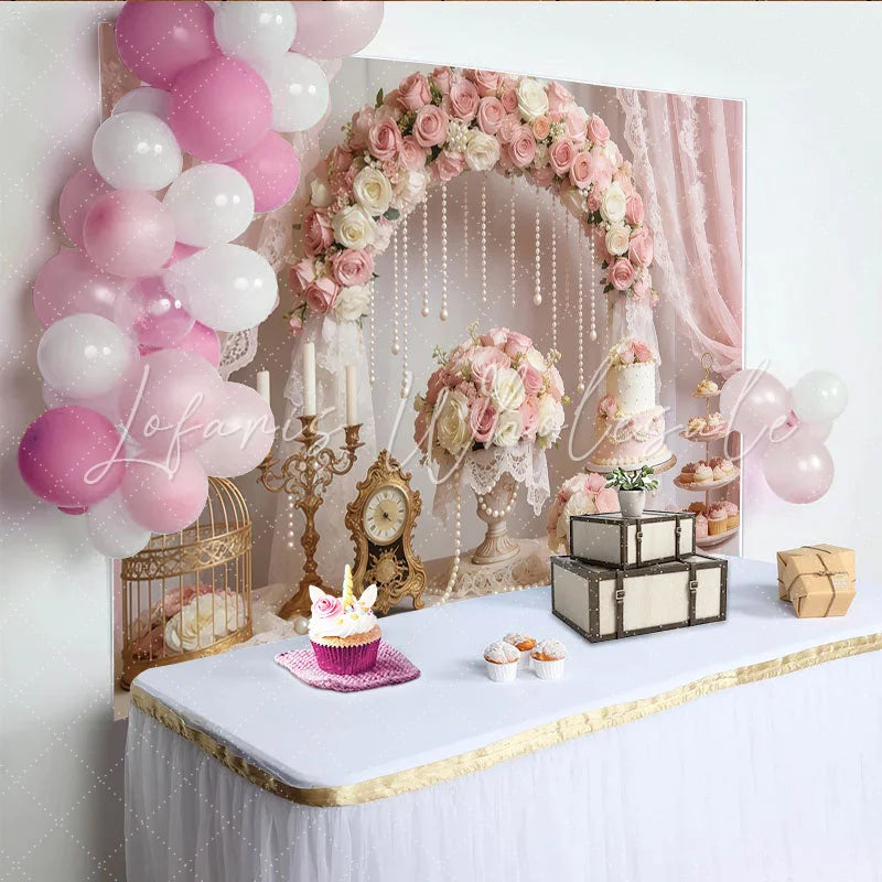 Lofaris Elegant Pink Rose Wedding Backdrop with Pearl Arch and Lace Romantic Bridal Shower Background for Engagement Party Decor