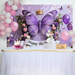 Lofaris Elegant Purple Butterfly Happy Birthday Cake Smash Backdrop Golden Crown and Floral Party Decor