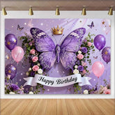Lofaris Elegant Purple Butterfly Happy Birthday Cake Smash Backdrop Golden Crown and Floral Party Decor