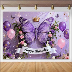 Lofaris Elegant Purple Butterfly Happy Birthday Cake Smash Backdrop Golden Crown and Floral Party Decor