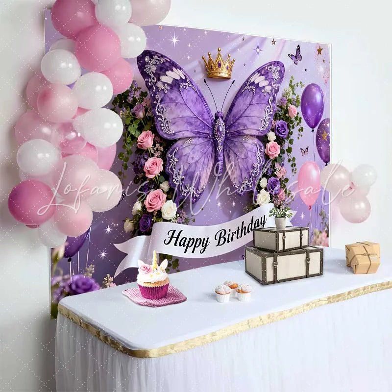 Lofaris Elegant Purple Butterfly Happy Birthday Cake Smash Backdrop Golden Crown and Floral Party Decor