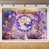 Lofaris Elegant Purple Butterfly Happy Birthday Party Backdrop Dreamy Roses and Lavender Balloons Decor