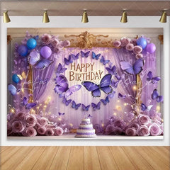 Lofaris Elegant Purple Butterfly Happy Birthday Party Backdrop Dreamy Roses and Lavender Balloons Decor