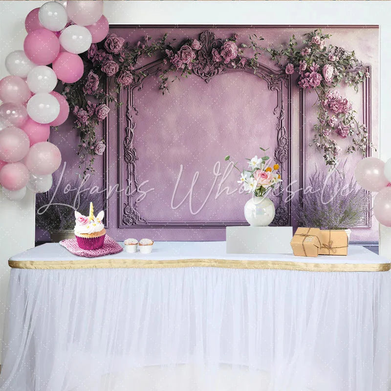 Lofaris Elegant Purple Floral Photography Backdrop with Ornate Molding and Pink Roses Beautiful Studio Background for Portrait and Event