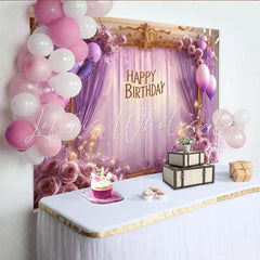 Lofaris Elegant Purple Lavender Happy Birthday Party Backdrop with Butterflies Roses and Balloons Golden Frame Decor