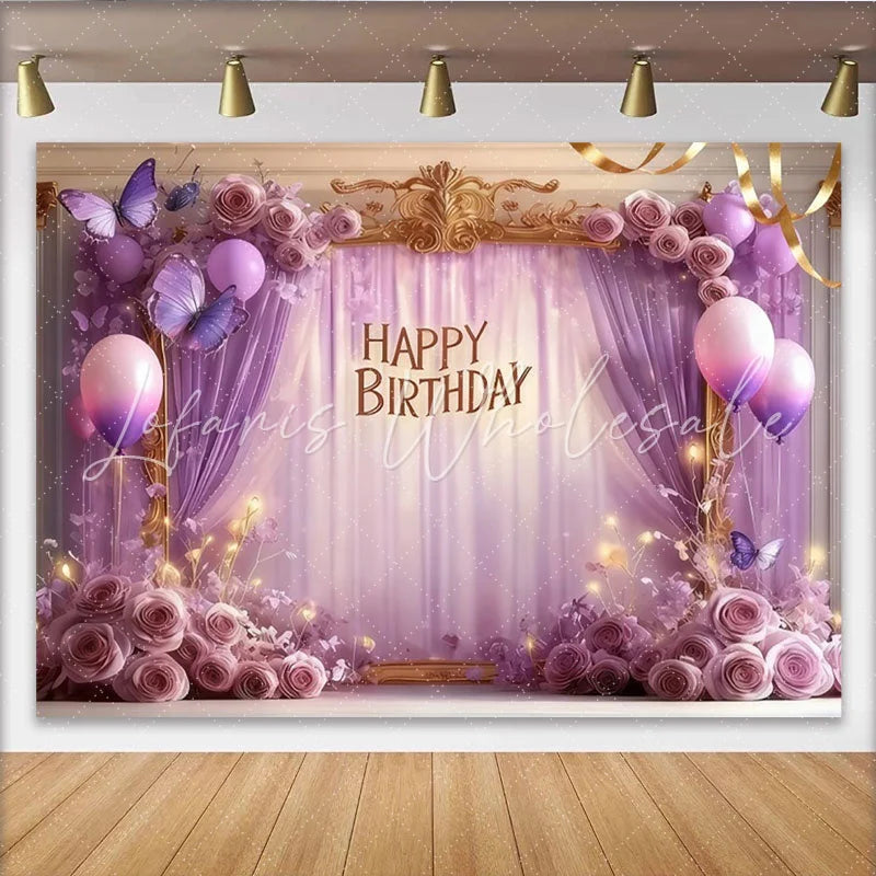 Lofaris Elegant Purple Lavender Happy Birthday Party Backdrop with Butterflies Roses and Balloons Golden Frame Decor