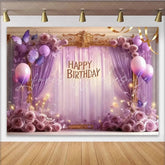 Lofaris Elegant Purple Lavender Happy Birthday Party Backdrop with Butterflies Roses and Balloons Golden Frame Decor