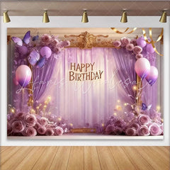 Lofaris Elegant Purple Lavender Happy Birthday Party Backdrop with Butterflies Roses and Balloons Golden Frame Decor