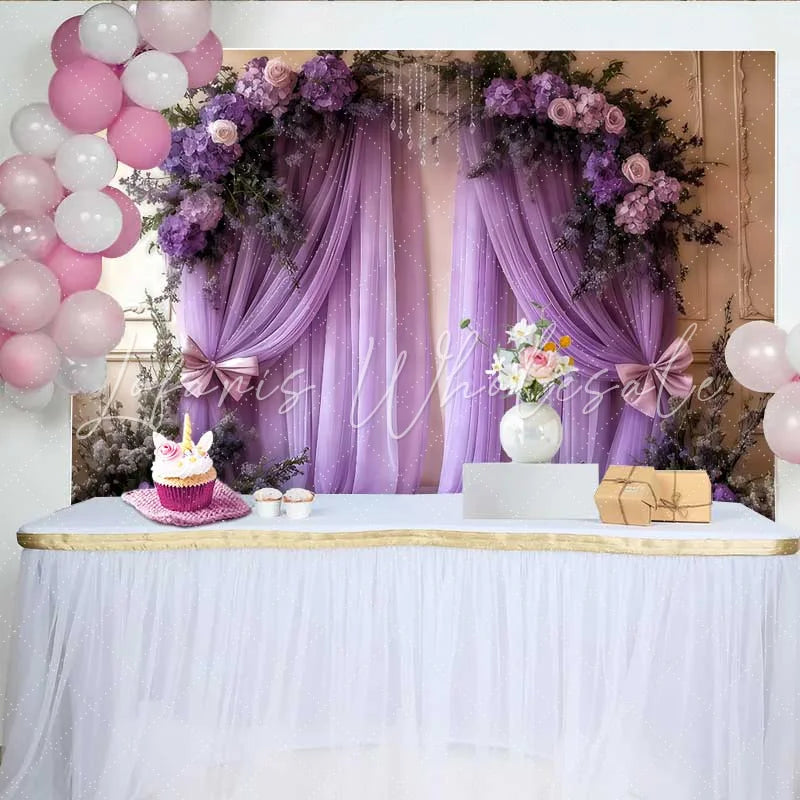 Lofaris Elegant Purple Wedding Backdrop Floral Arch with Lavender Draping and Pink Bows Banner